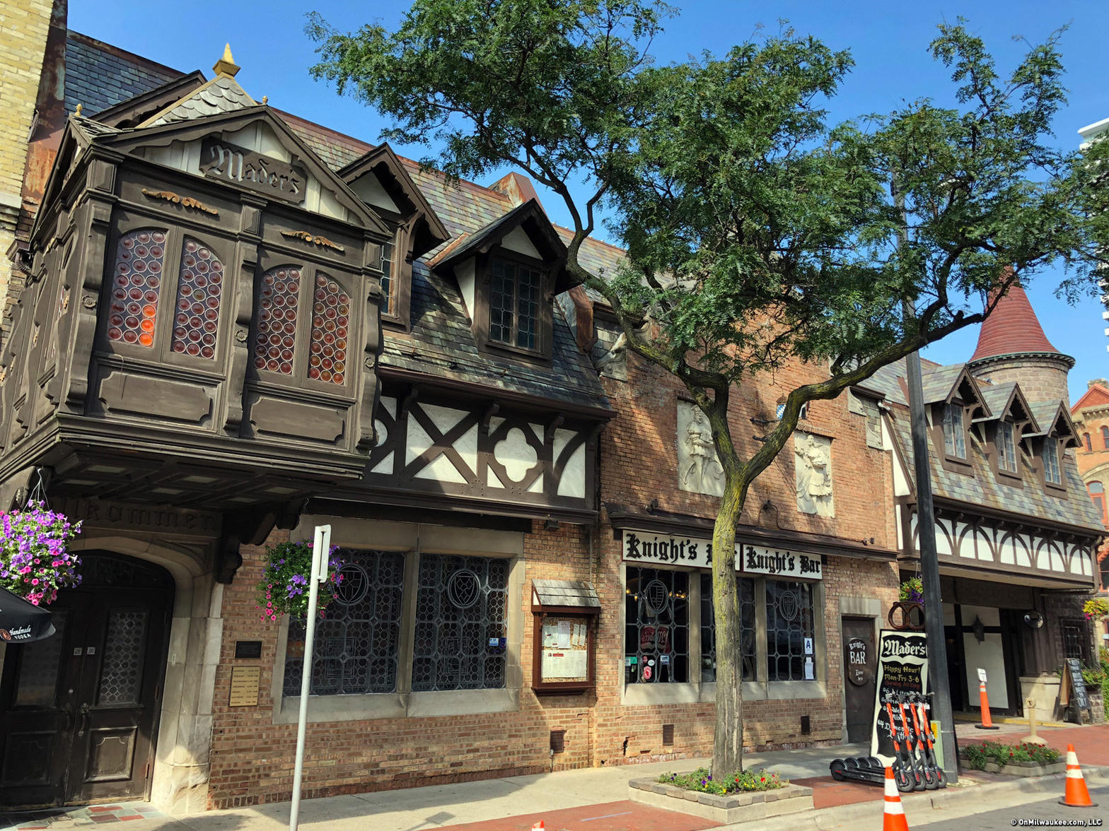 Mader's historic German restaurant exterior in downtown Milwaukee