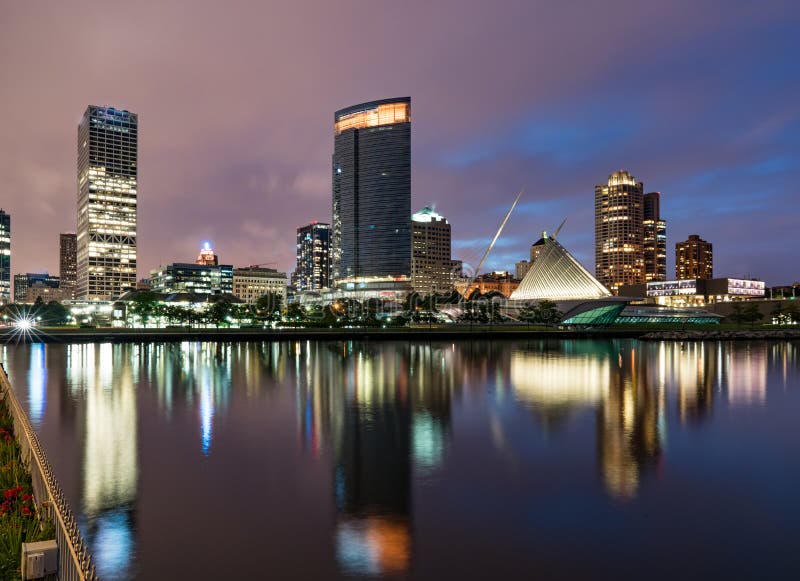 Milwaukee skyline at night with reflections